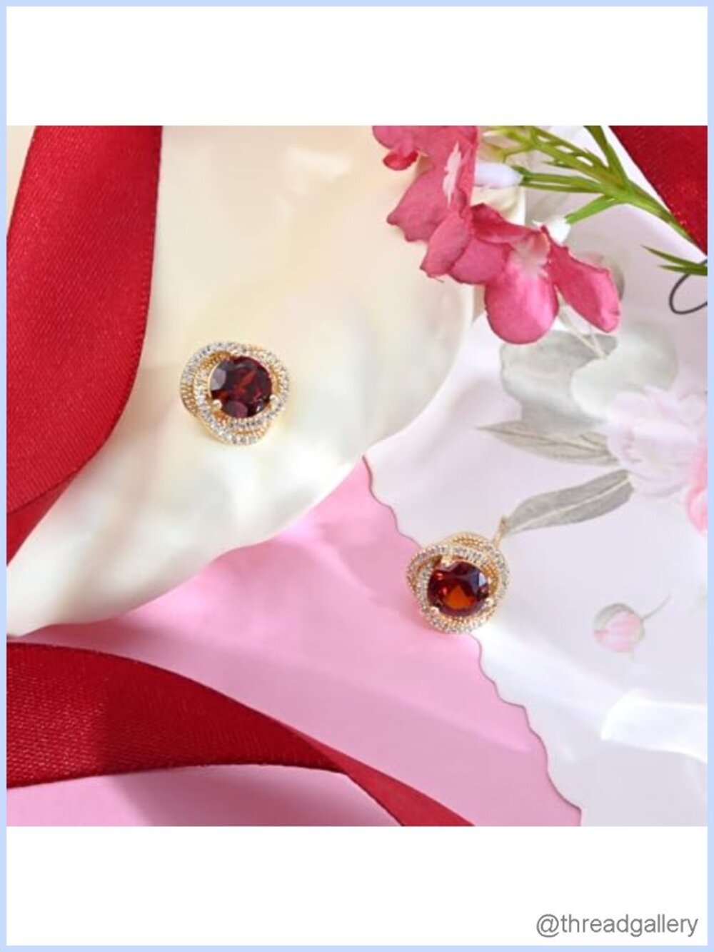 18K Gold Plated Ruby Stud Earrings Hypoallergenic 925 Sterling Silver Halo - Picture 6 of 6